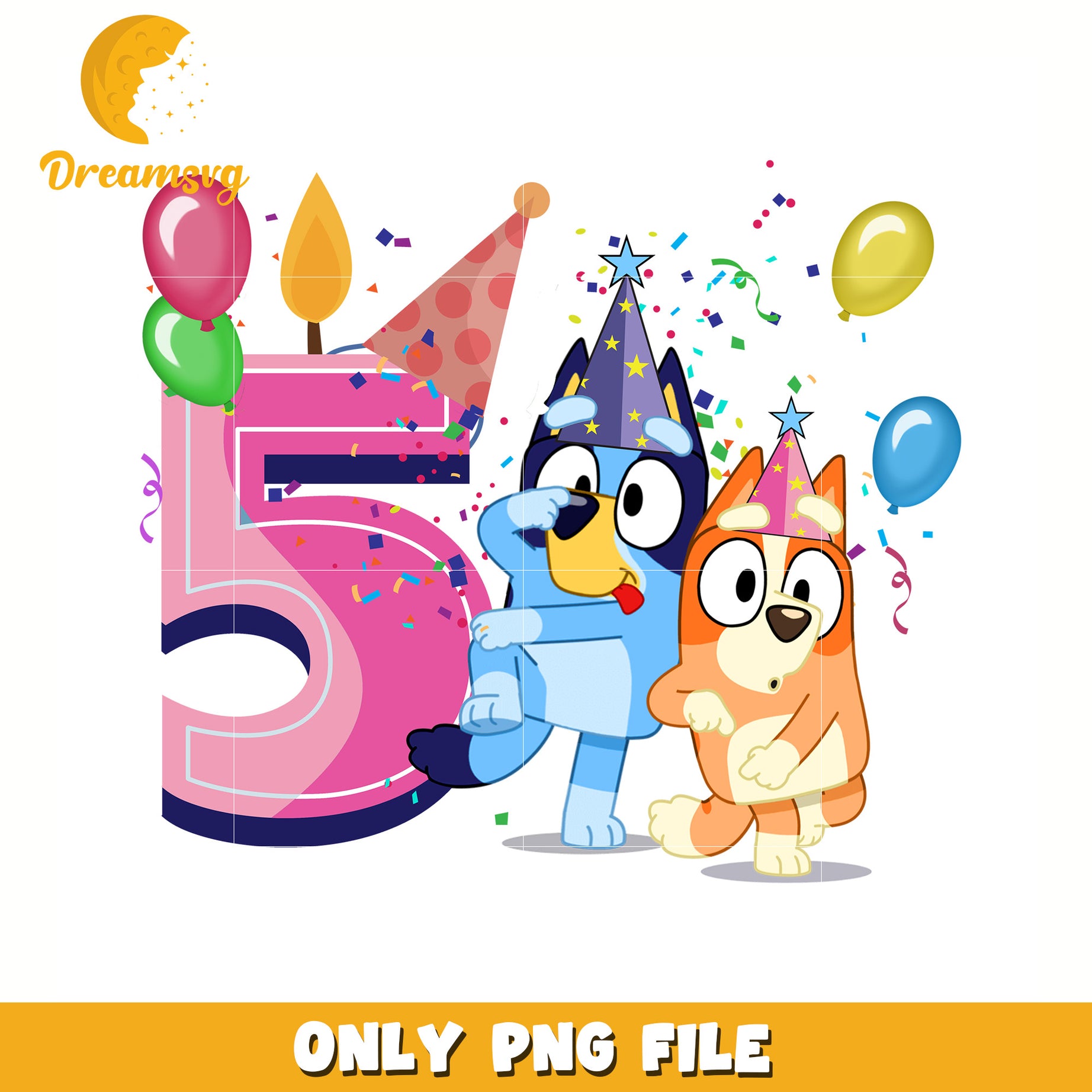 Five pink birthday boy bluey png, bluey birthday png, bluey movies png
