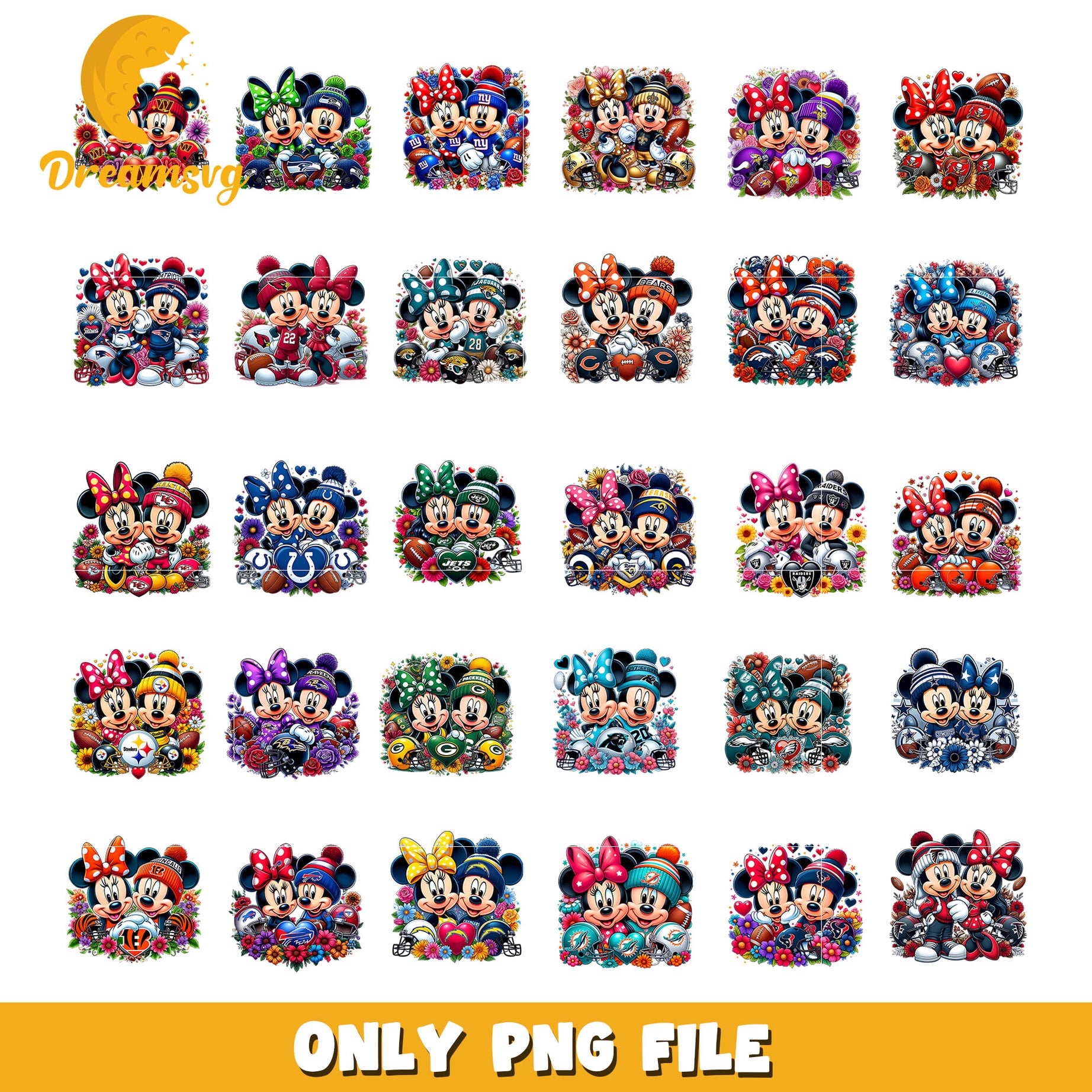 Mickey Minnie floral bundle png, nfl teams logo png, nfl png