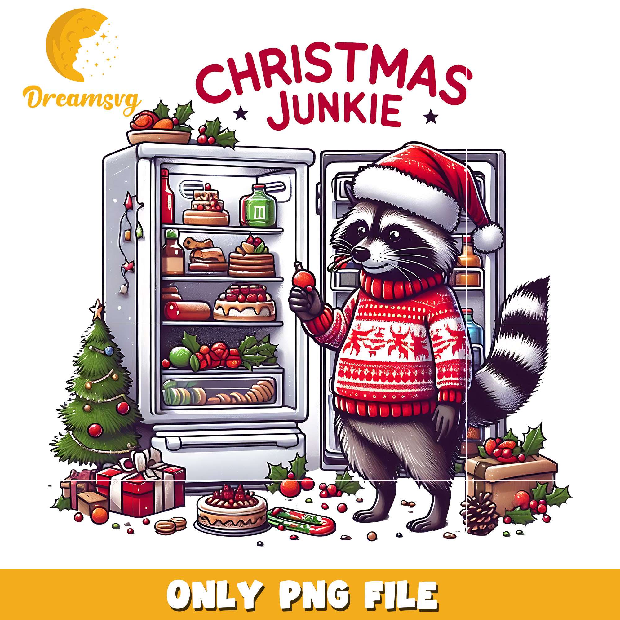 Fluffy raccoon christmas junkie png, raccoon png, christmas png
