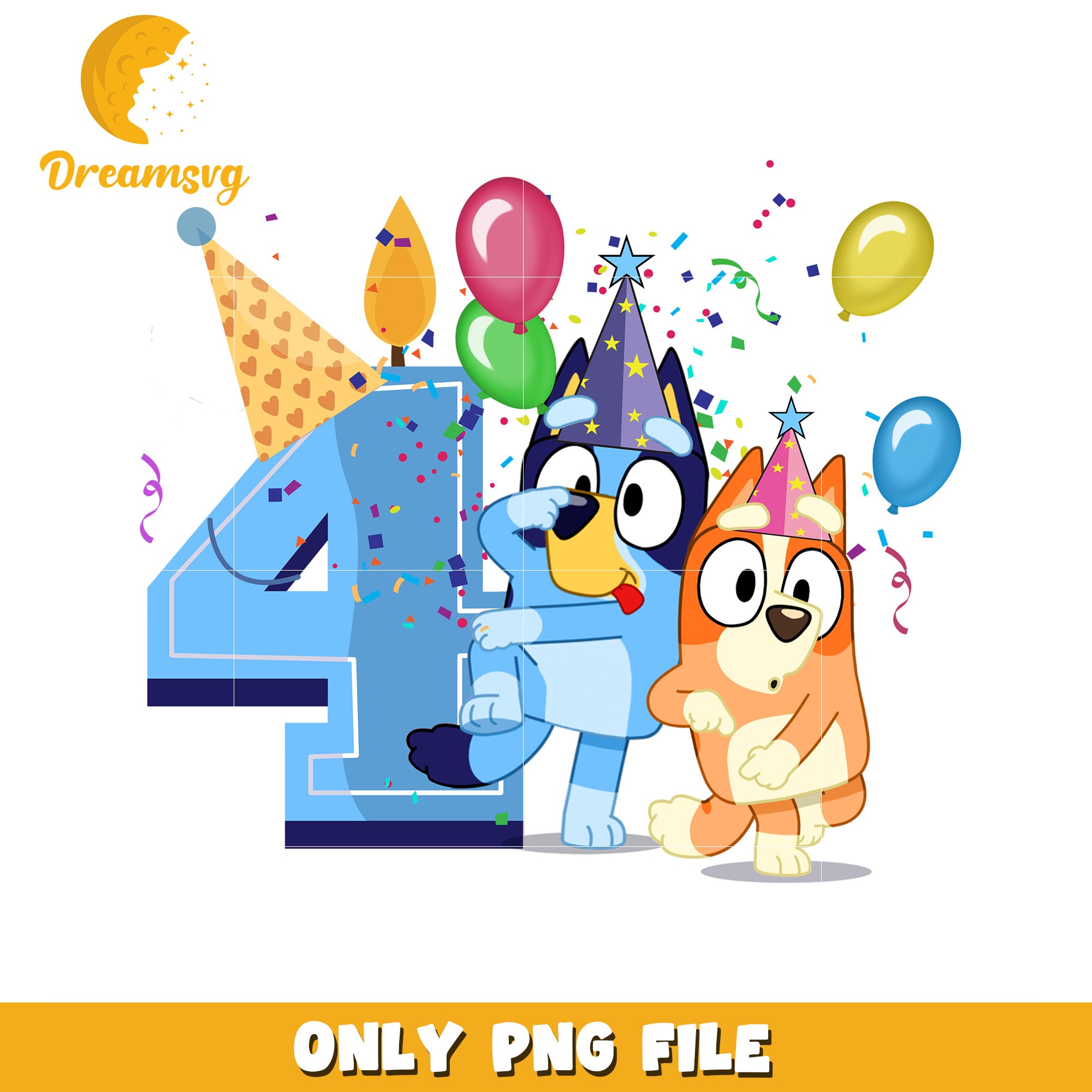 Four blue birthday boy bluey png, bluey birthday png, bluey movies png
