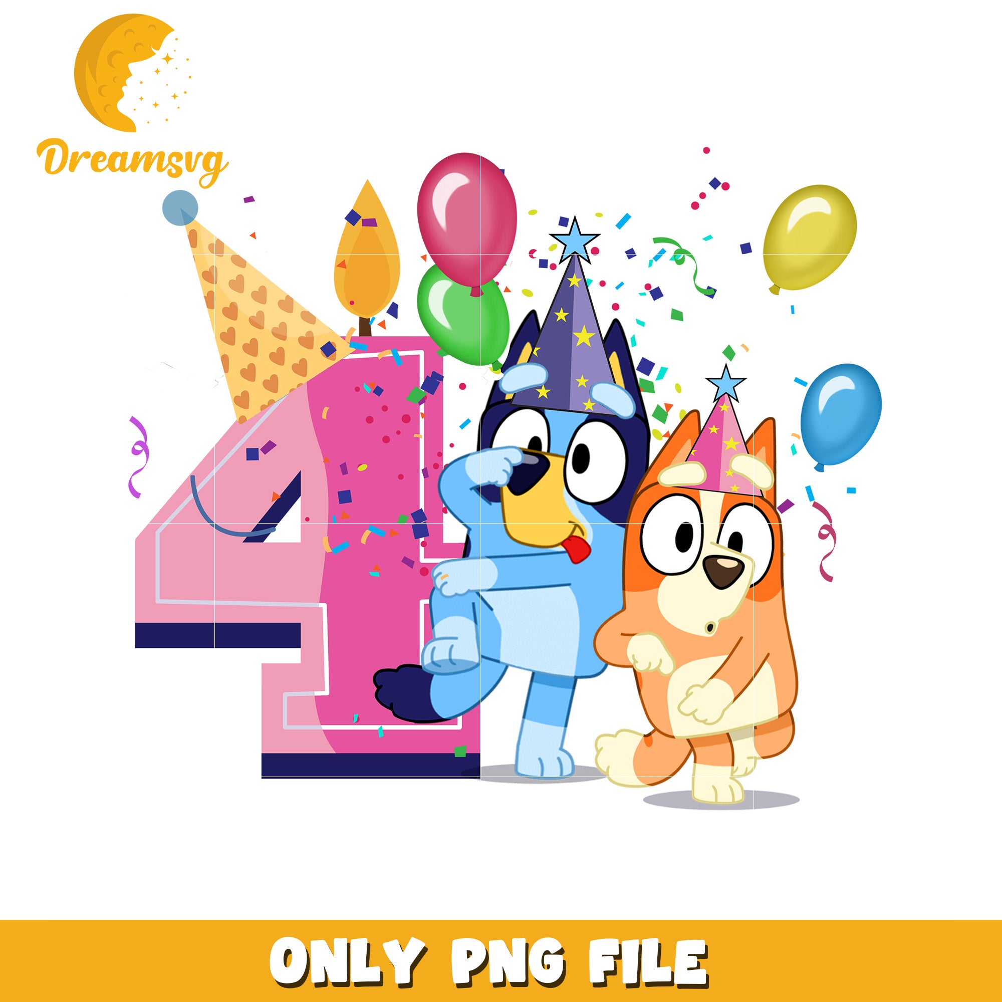 Four pink birthday boy bluey png, bluey birthday png, bluey movies png