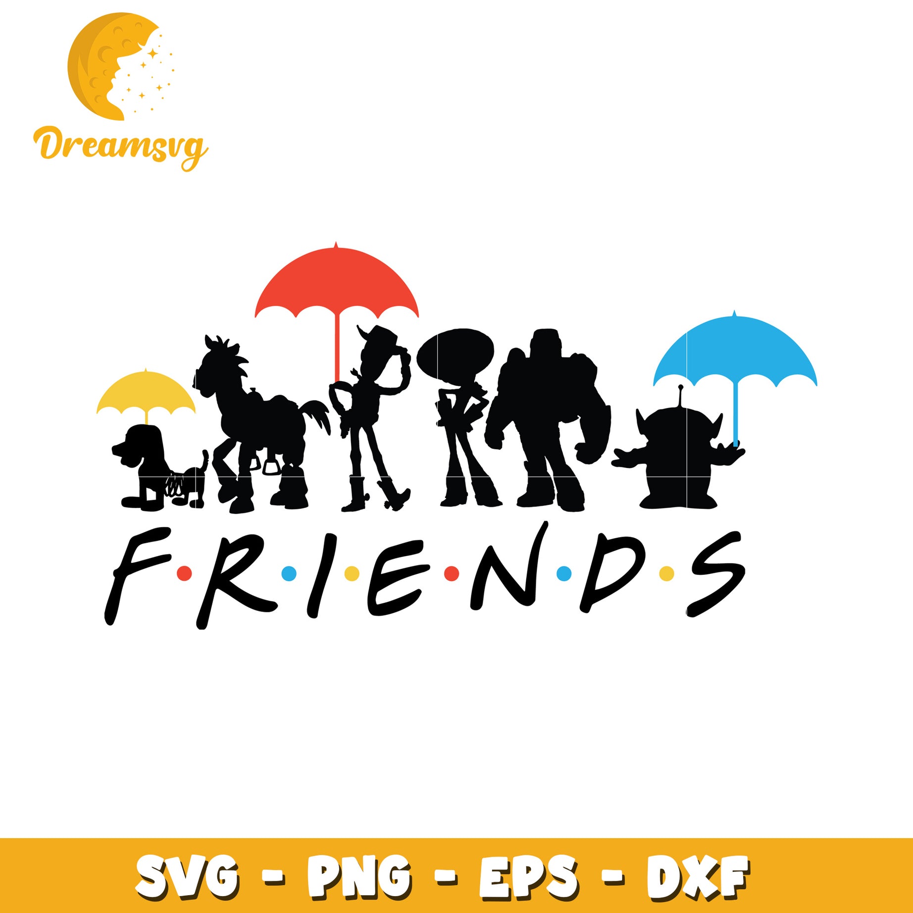 Friends Silhouette SVG Design with Colorful Umbrellas and Icons