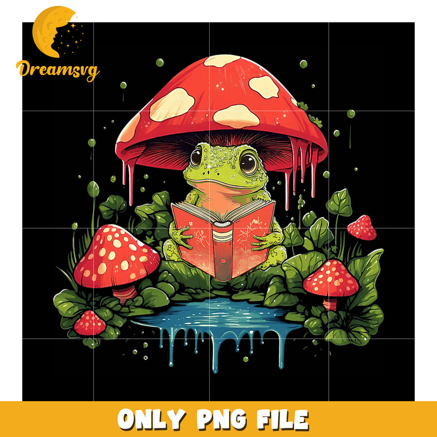 Frog Reading Book Under Mushroom PNG