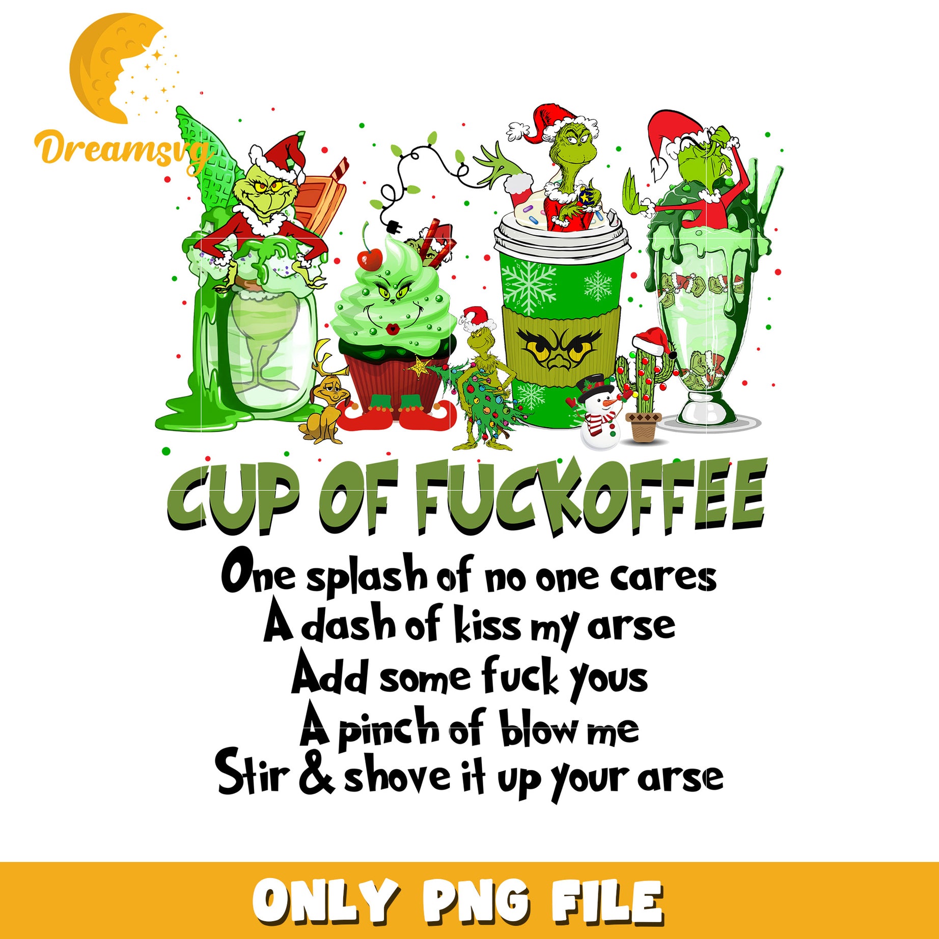 Fuckoffee design png, grinch costume​ png, christmas time png