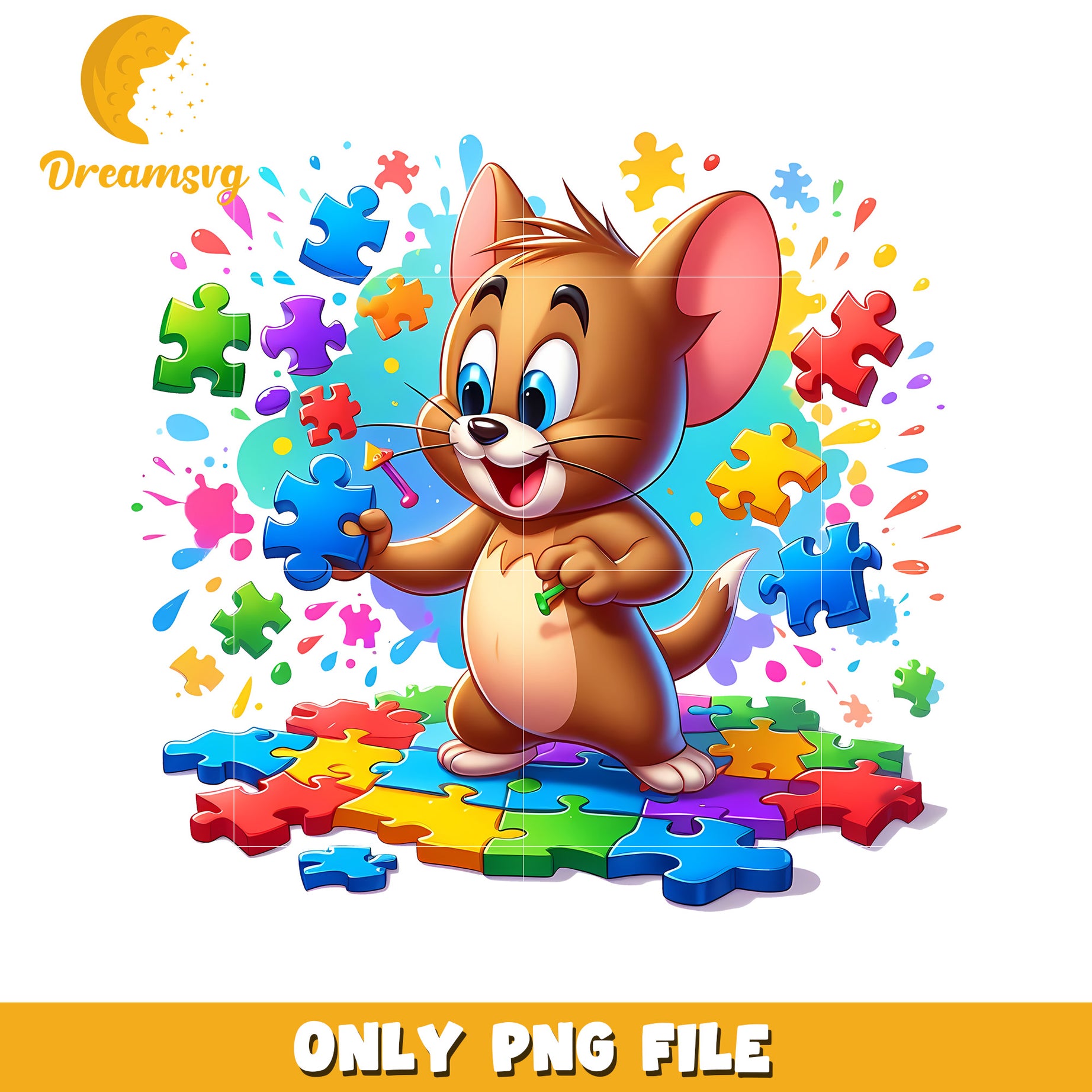 Fun Cartoon Mouse Playing with Colorful Puzzle Pieces PNG