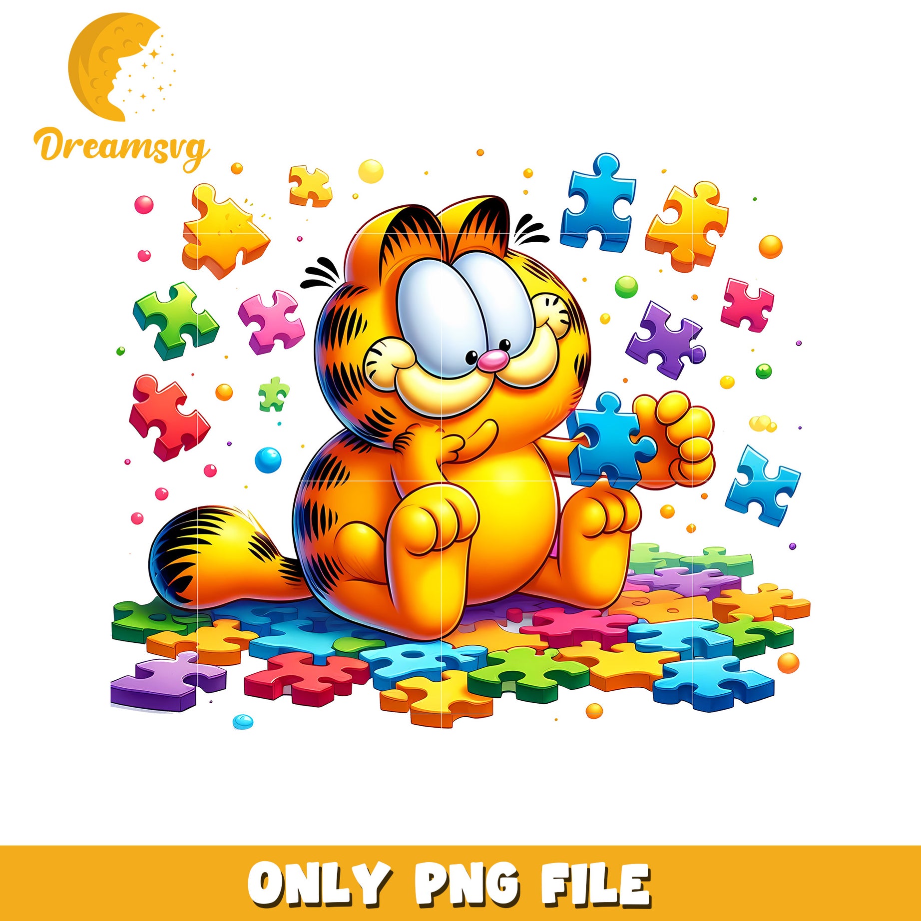 Fun Garfield Cat Playing with Colorful Puzzle Pieces PNG