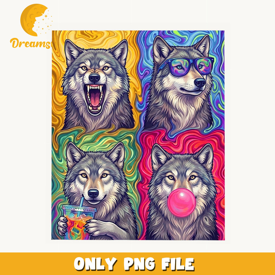 Funny Wolf Art PNG, Colorful Canine Designs, Animal PNG