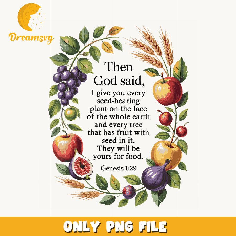 Genesis 1:29 Bible Verse Fruit Wreath PNG, Scripture, Christian PNG