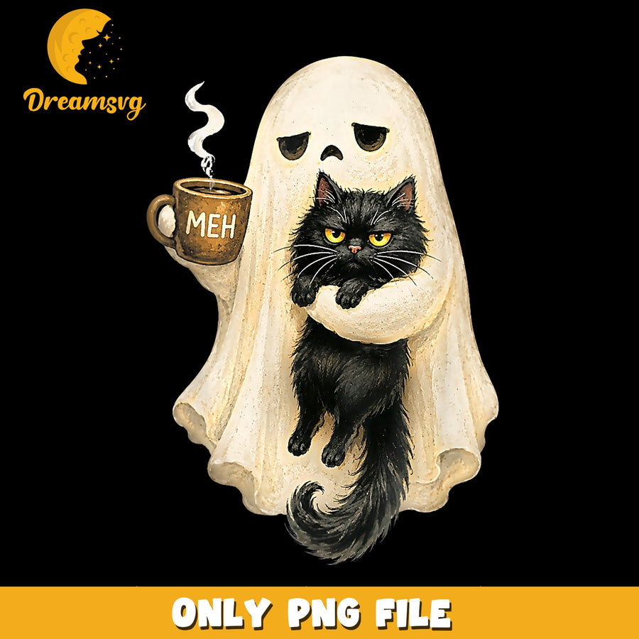 Ghost Holding Black Cat Meh Coffee Mug PNG, Spooky Halloween, PNG