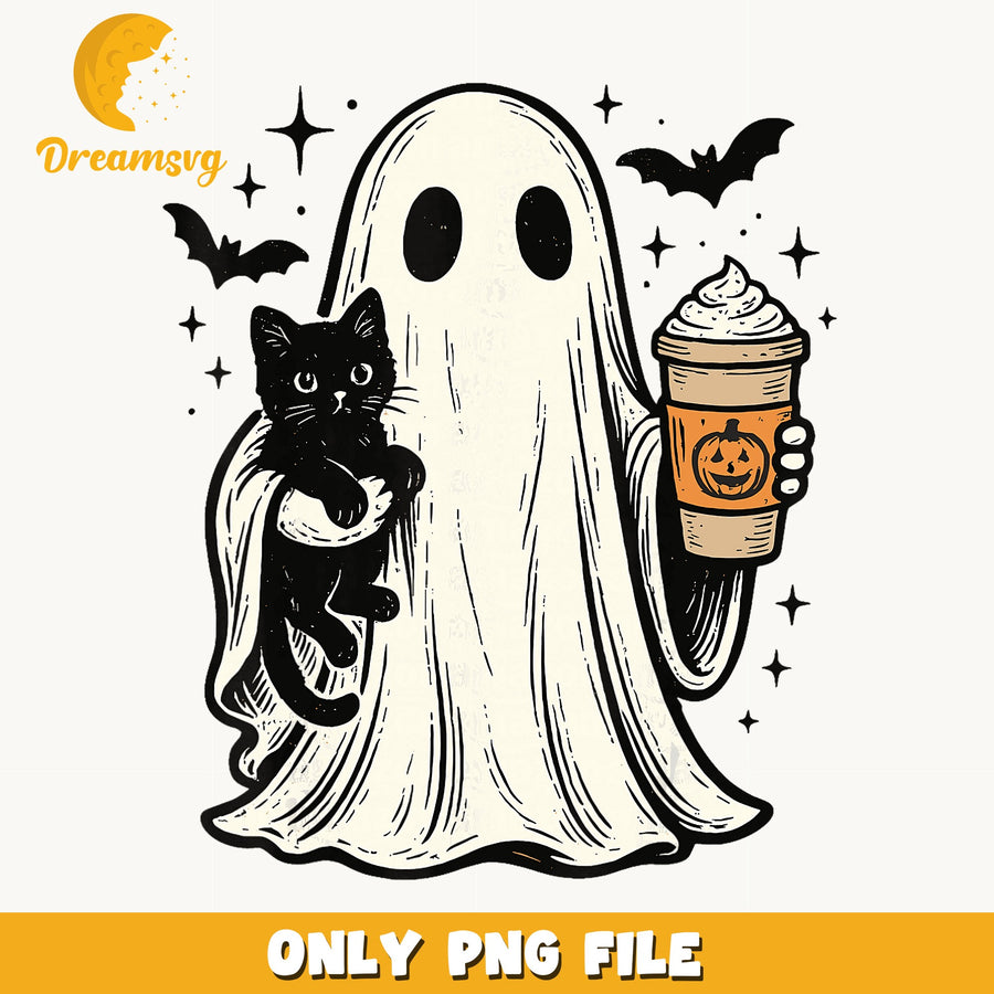 Ghost Holding Black Cat Pumpkin Latte PNG, Halloween Ghost, Spooky PNG
