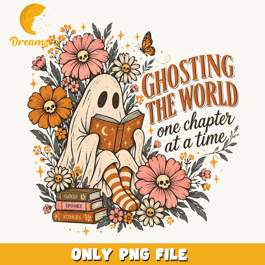 Ghost Reading Book Clipart, Autumn Floral Skull Skeleton, Chibi PNG