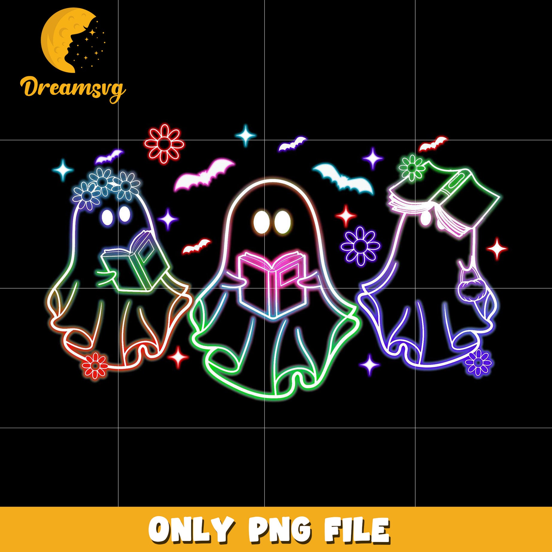 Ghouls reading books neon png, spooky season​ png, halloween pumpkin png