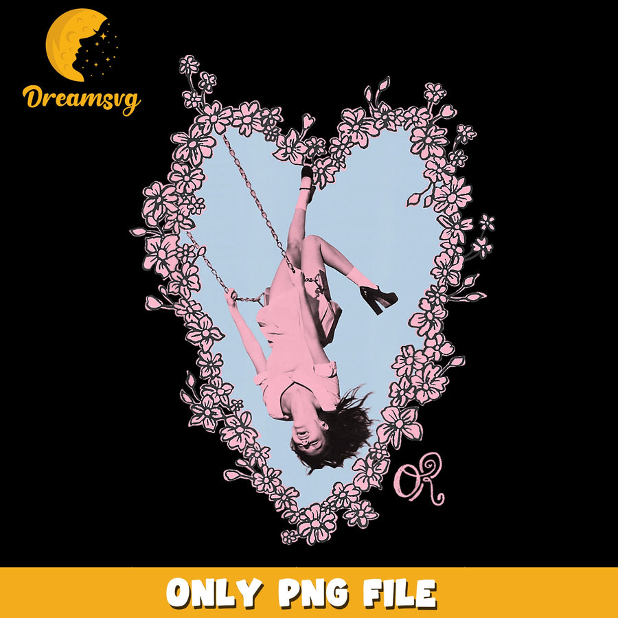 Girl Swinging PNG, Floral Heart Design, Fun Art PNG