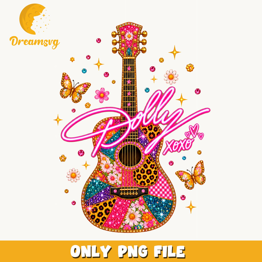 Girly Guitar Clipart, Colorful Floral Music Design, Neon Pink Xoxo PNG