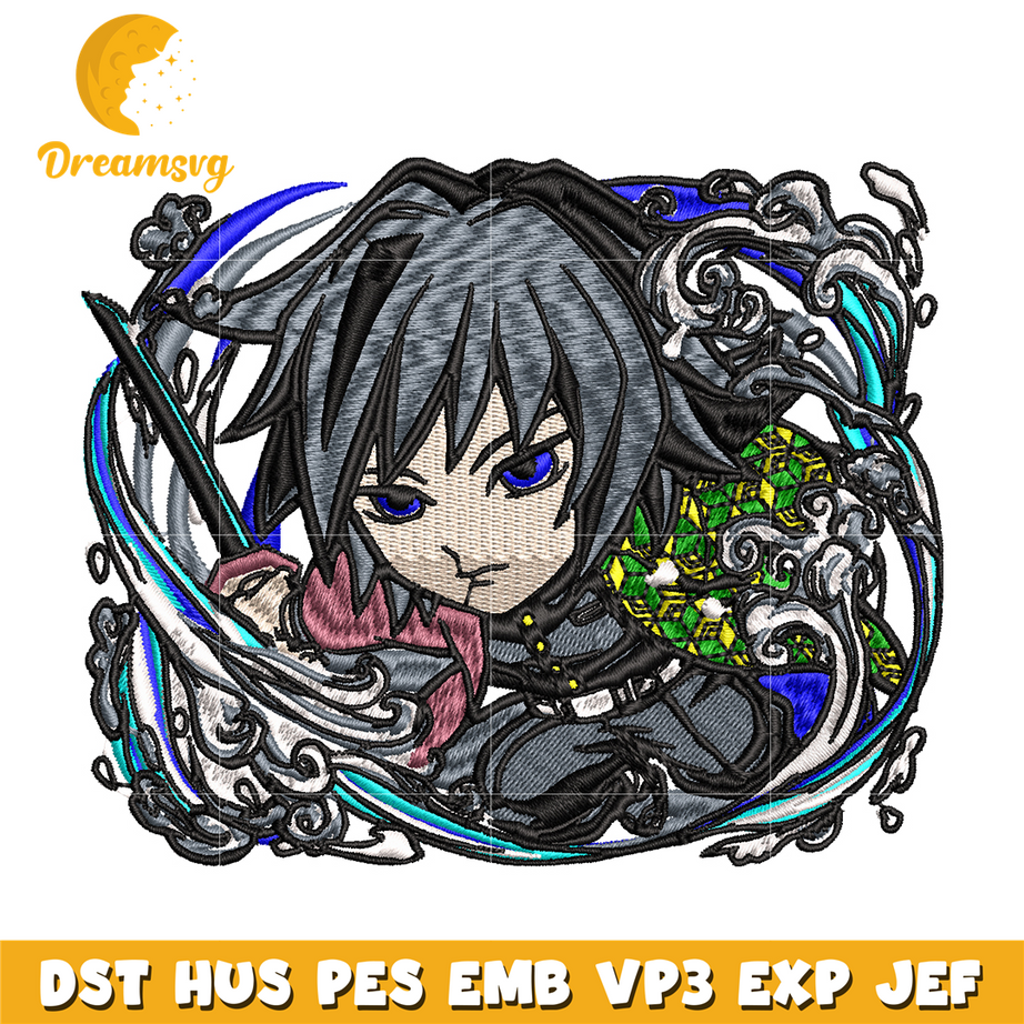 Giyu water breathing chibi embroidery design