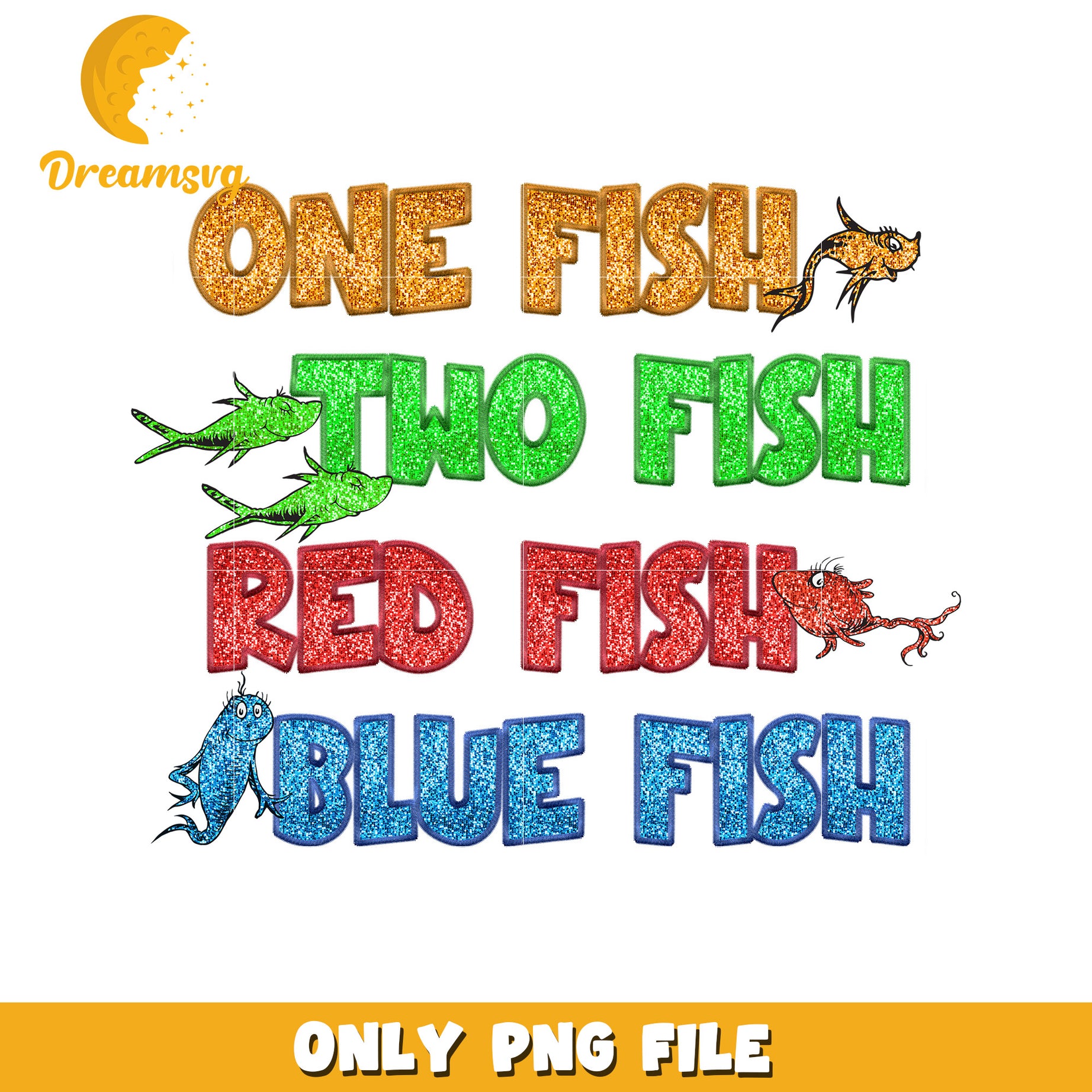 Glitter fish characters era png, dr seuss png, font png