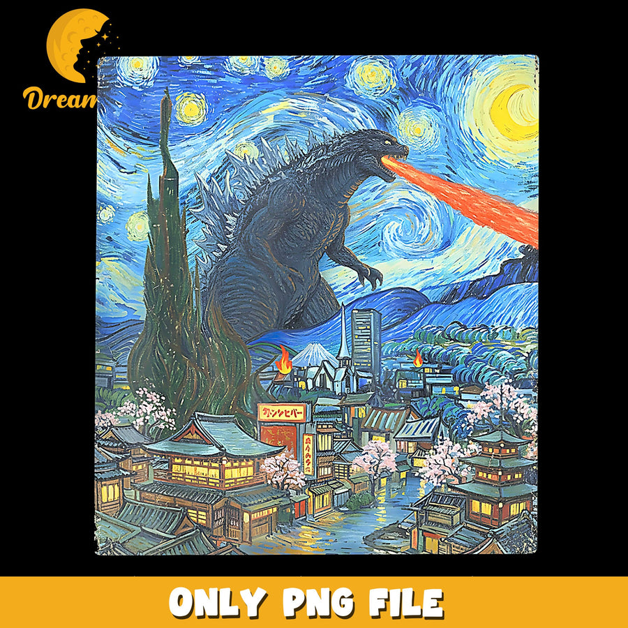 Godzilla Starry Night Van Gogh PNG, Kaiju Japan City, Monster PNG