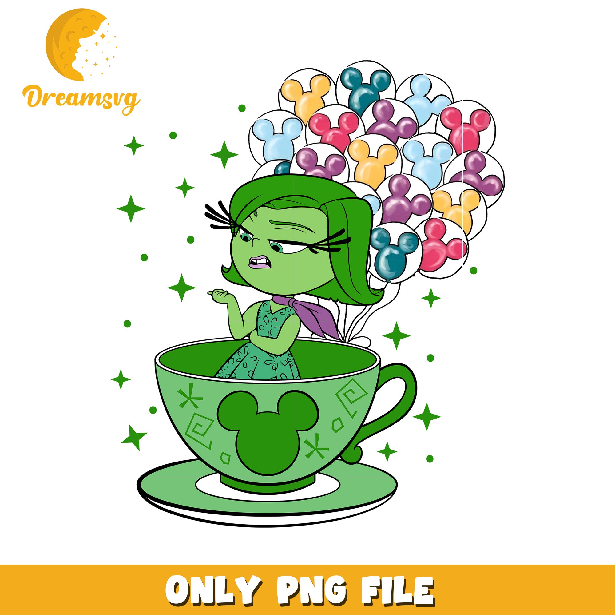 Green Character in Teacup with Balloons PNG Design