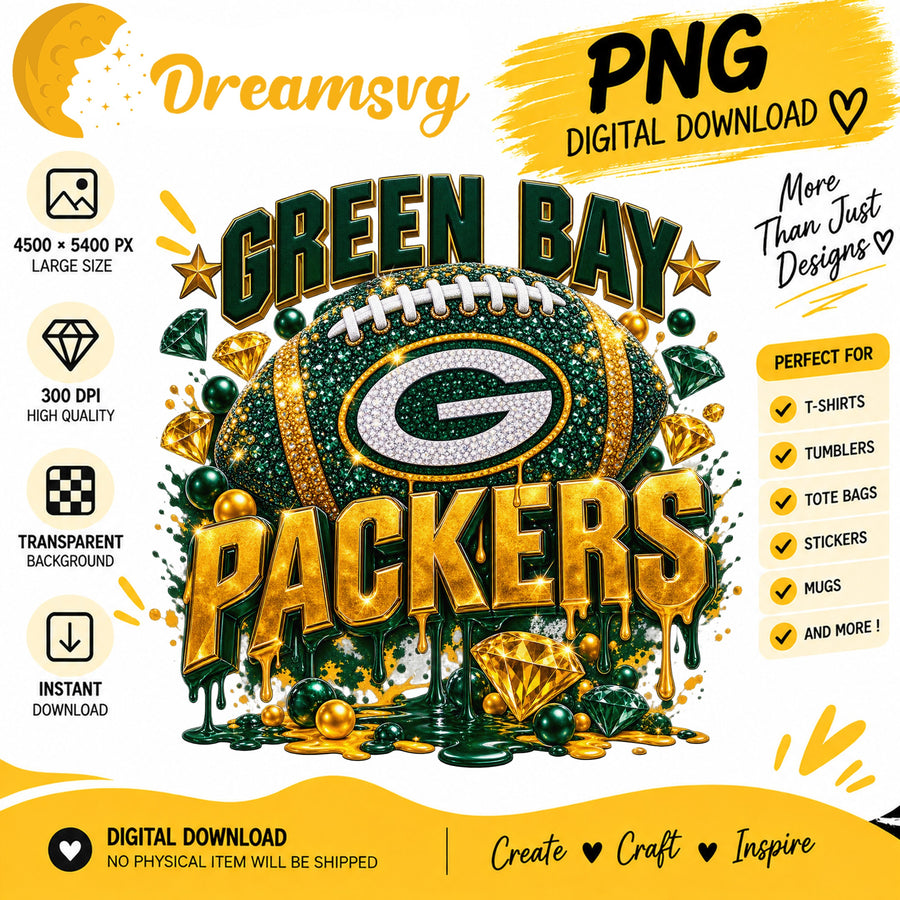 Green Bay Packers Bling Glitter Football Sublimation PNG