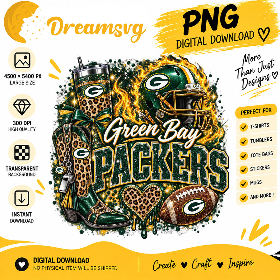 Green Bay Packers Bling Glitter Leopard Boots Football PNG