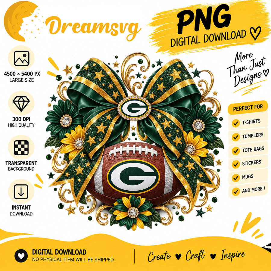 Green Bay Packers Coquette Bow Glitter Floral Football PNG