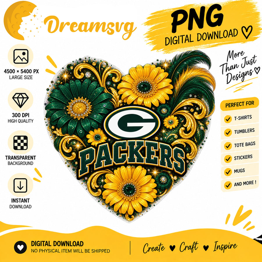 Green Bay Packers Floral Heart NFL Football Sublimation PNG