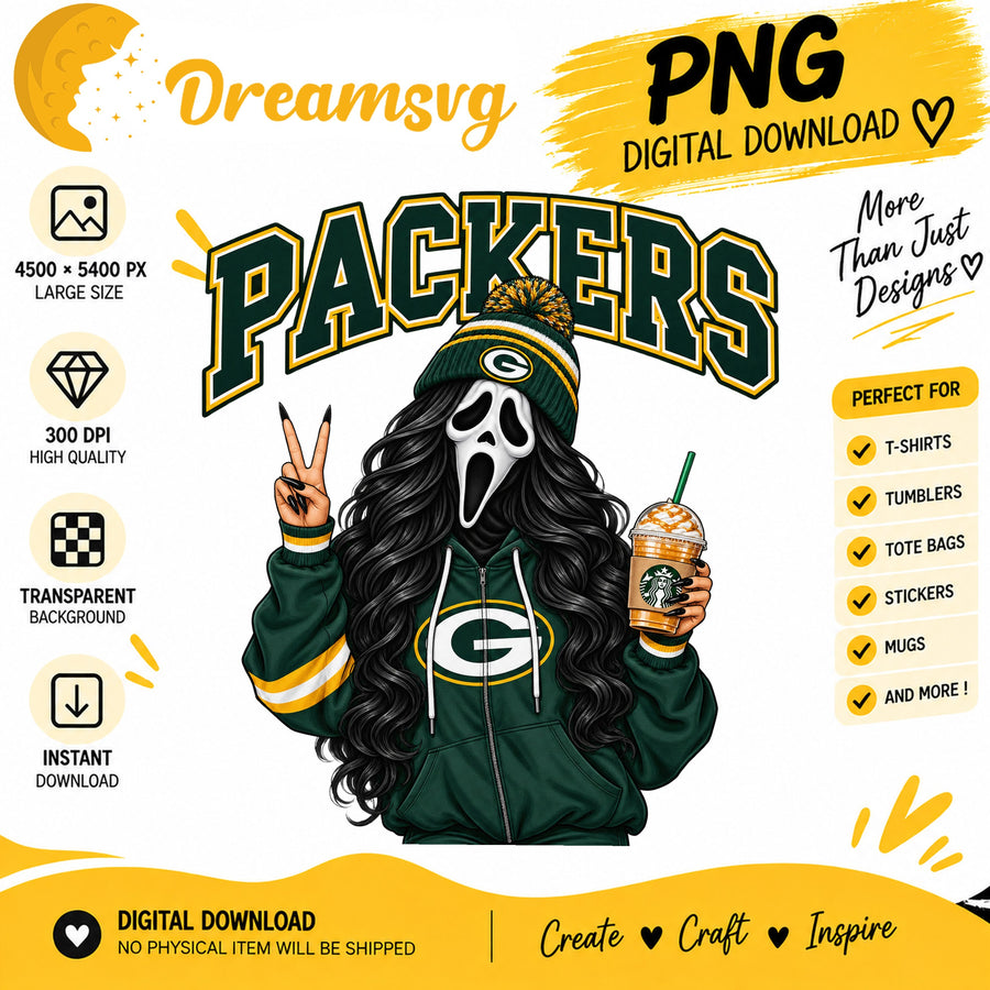 Green Bay Packers Ghost Face Halloween Football Fan Girl PNG