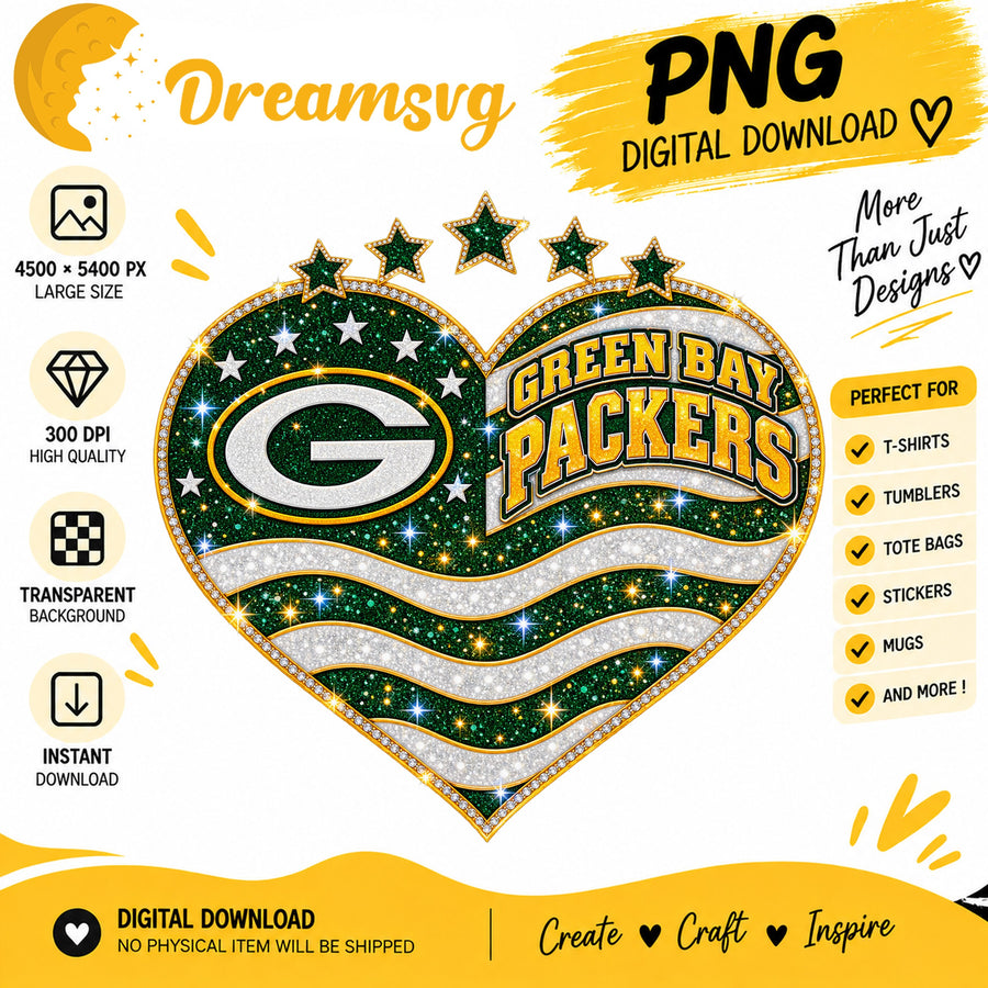 Green Bay Packers Glitter Heart NFL Football Fan Girl PNG