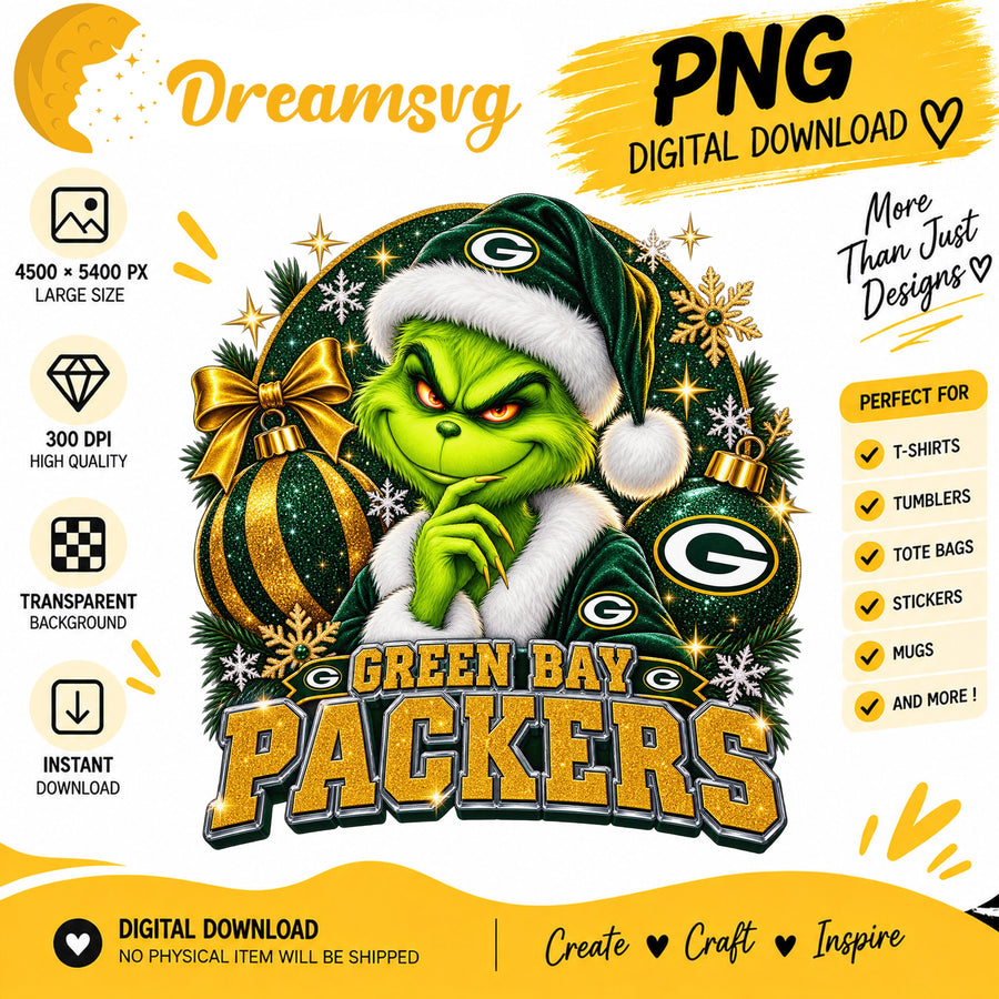 Green Bay Packers Grinch Santa Christmas Football PNG