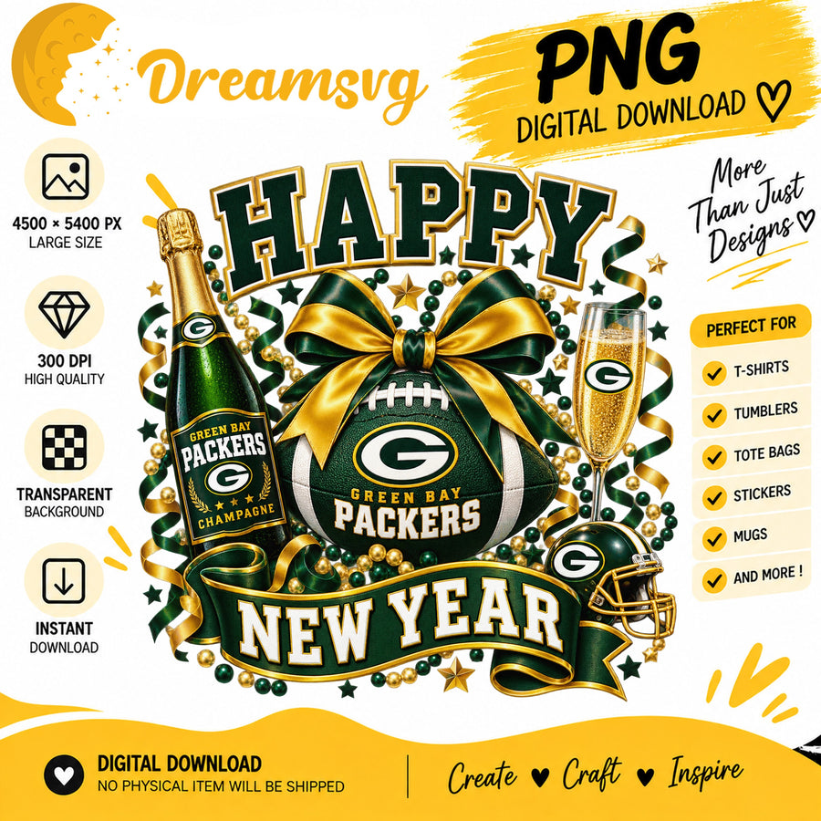 Green Bay Packers Happy New Year Sublimation Design PNG