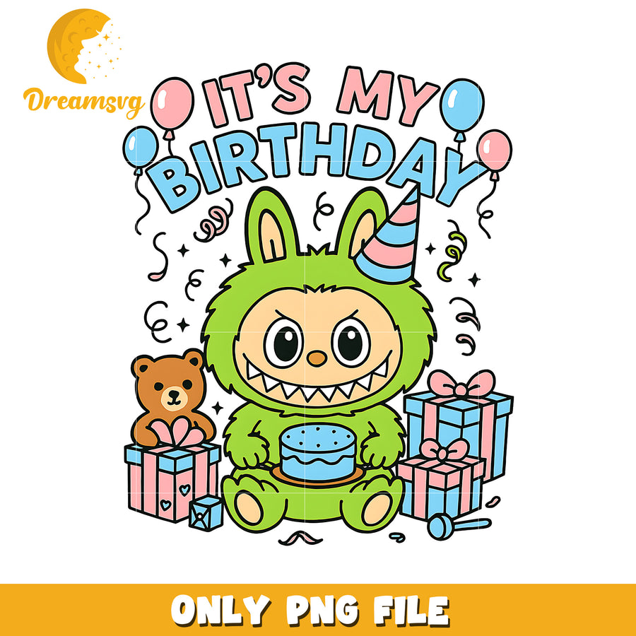 Green labubu its my birthday png, cute labubu png, popmart labubu png