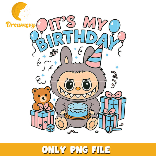 Grey labubu its my birthday png, cute labubu png, popmart labubu png