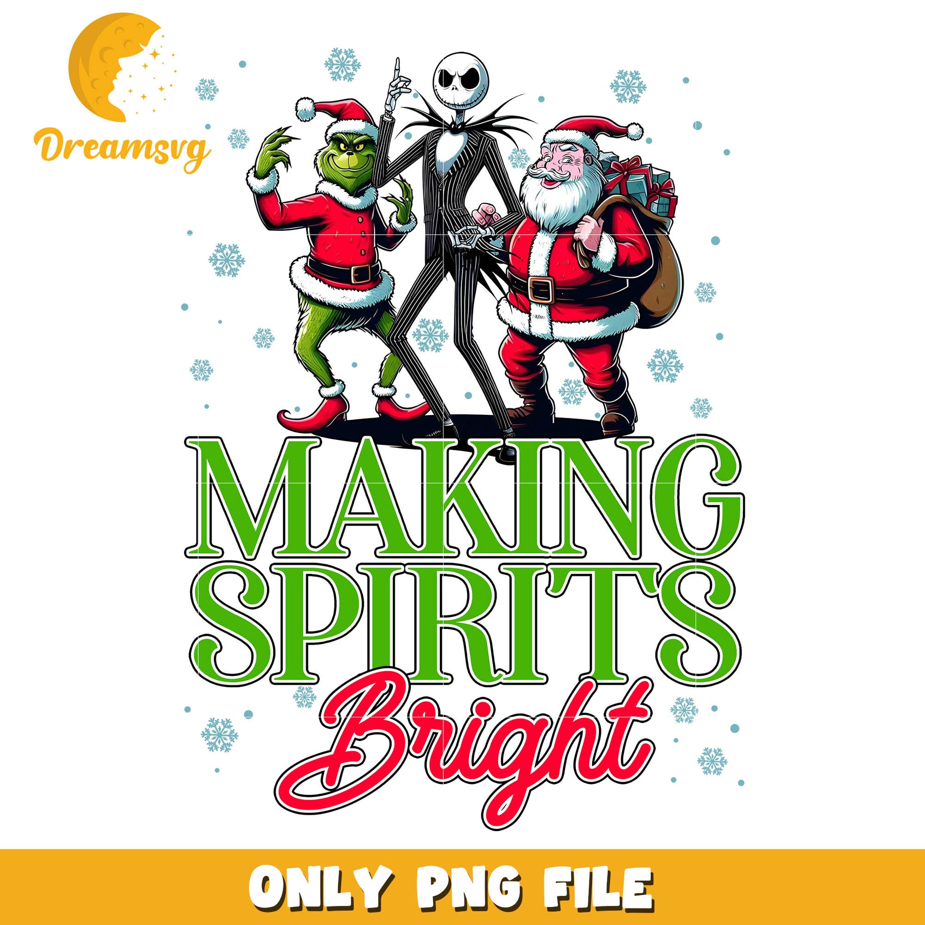 Grinch, skellington and santa making spirits bright png, jack skellington png