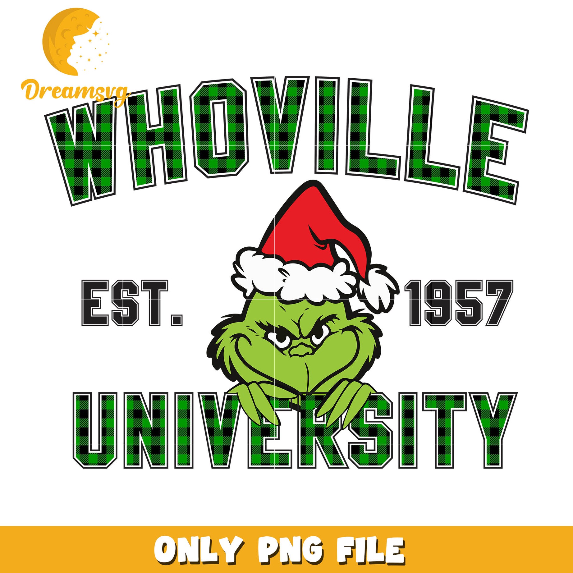 Grinch Whoville university est 1957 green  text png, grinch face png
