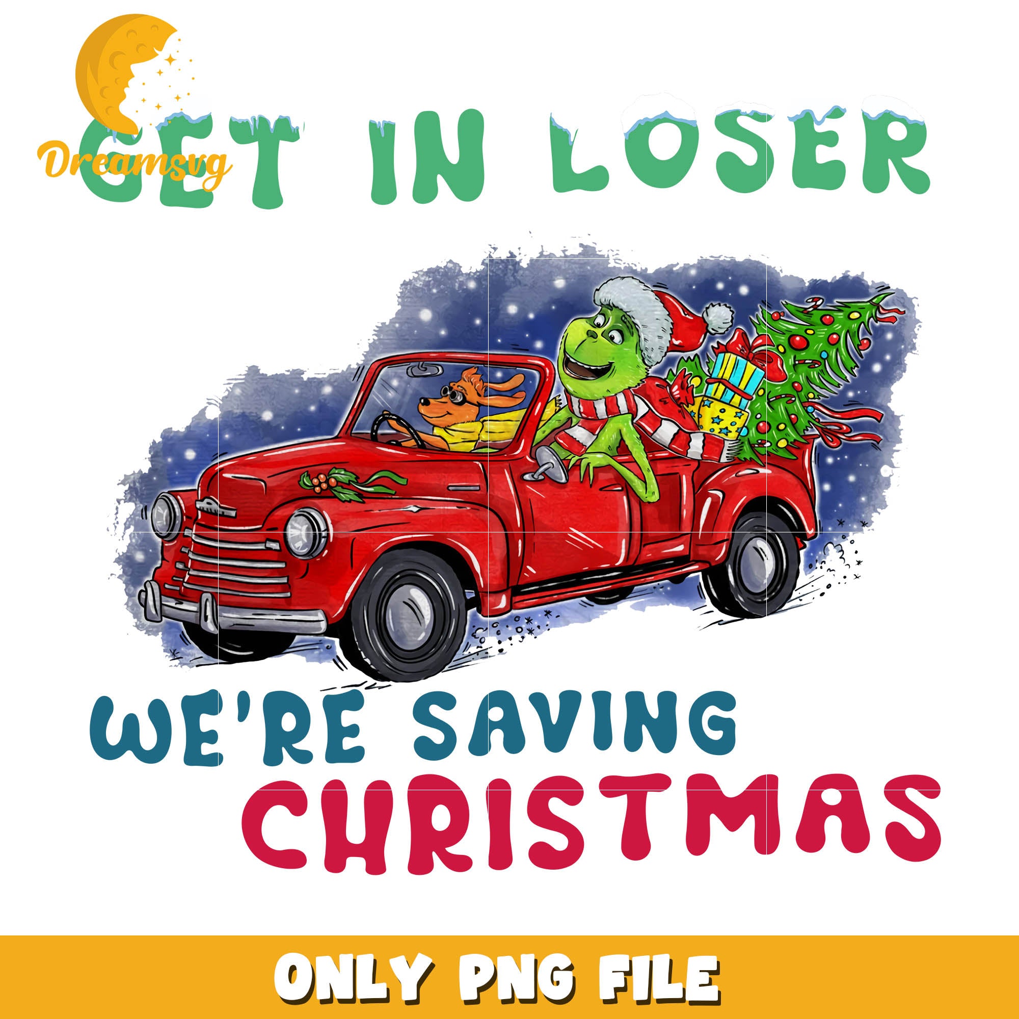 Grinch and max get in loser we're saving christmas png, red car png
