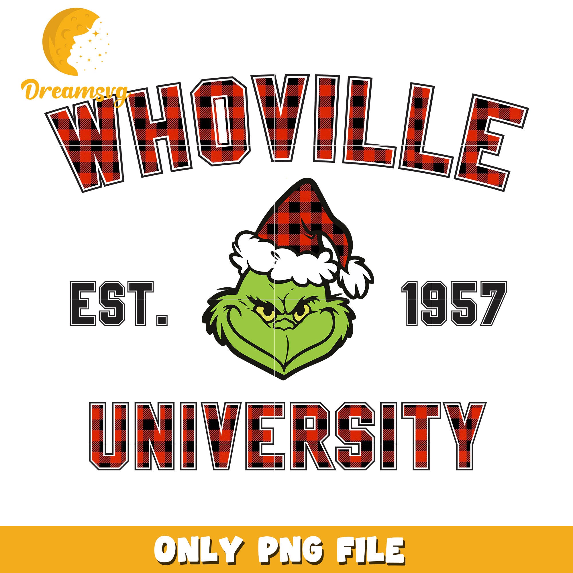 Grinch face Whoville university est 1957 red text png, grinch face png