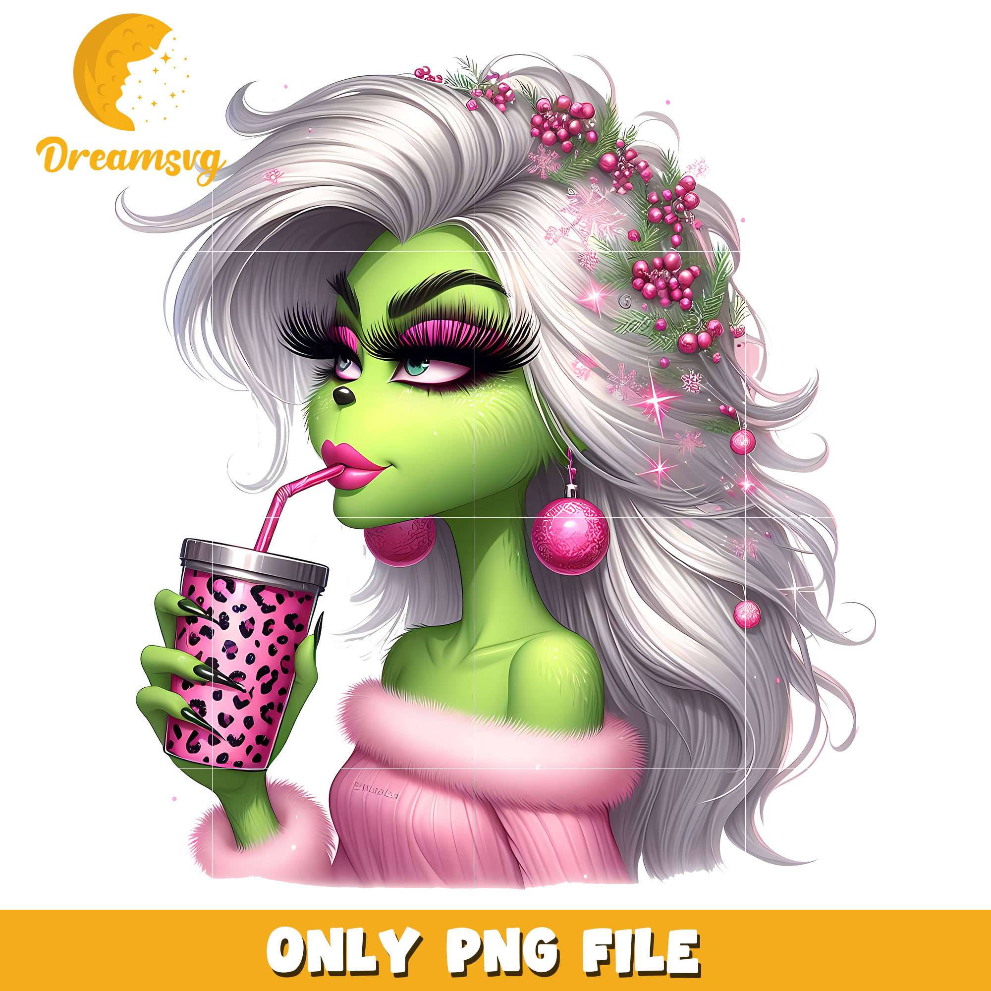 Grinch girl pink mistletoe drink png, grinch png, christmas png