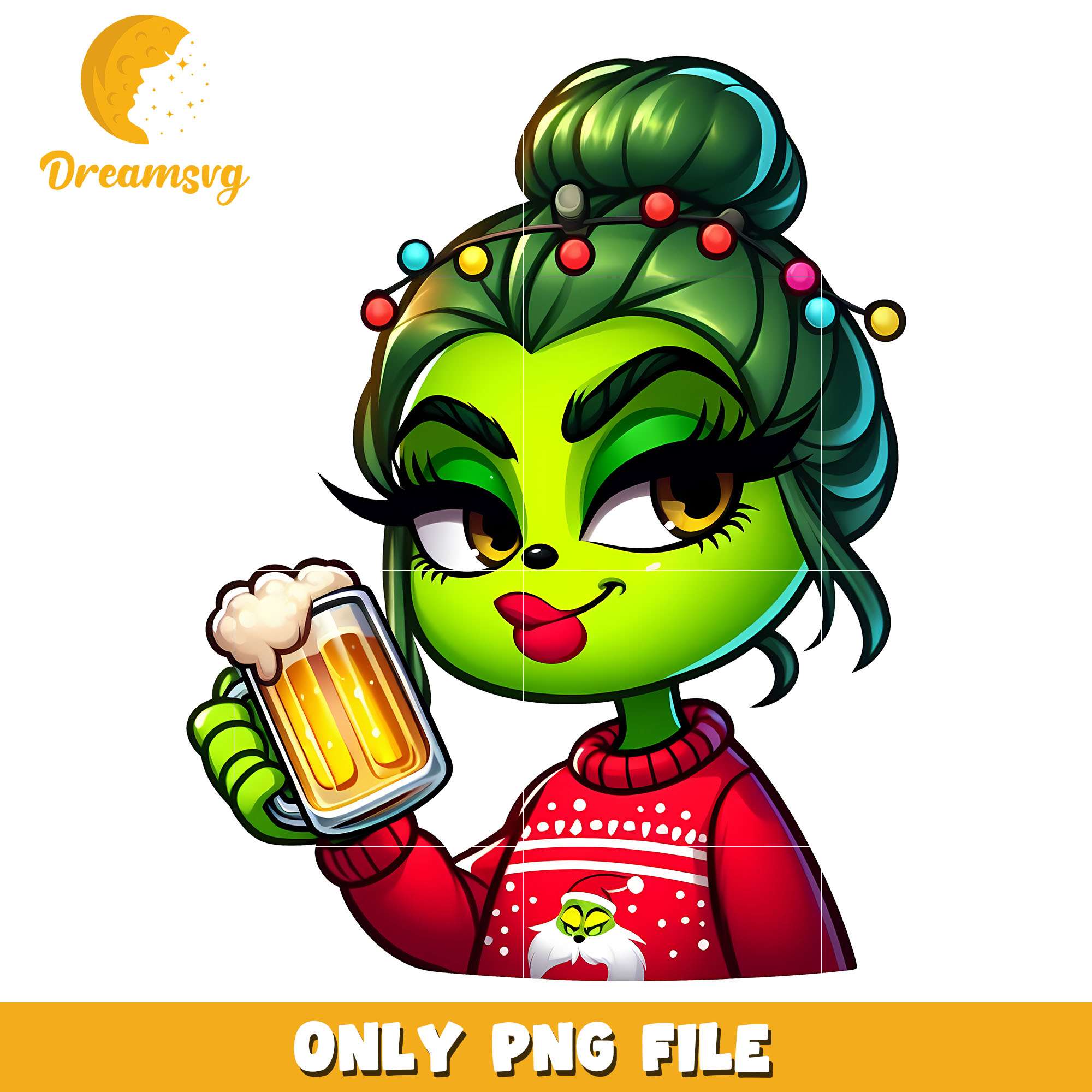 Grinch girl red light drink beer png, Grinch png, christmas png