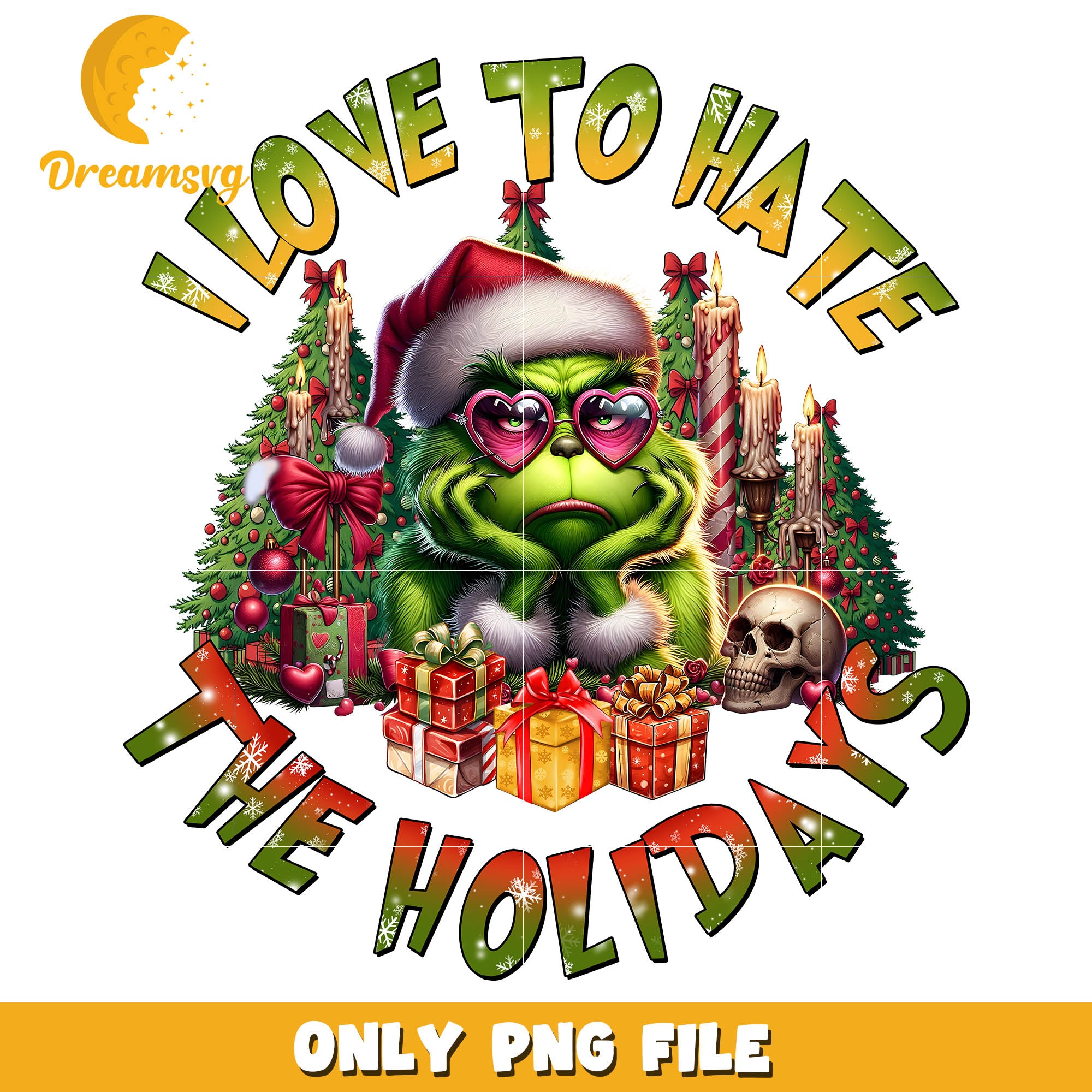 Grinch i love to hate holidays png, christmas giftbox png