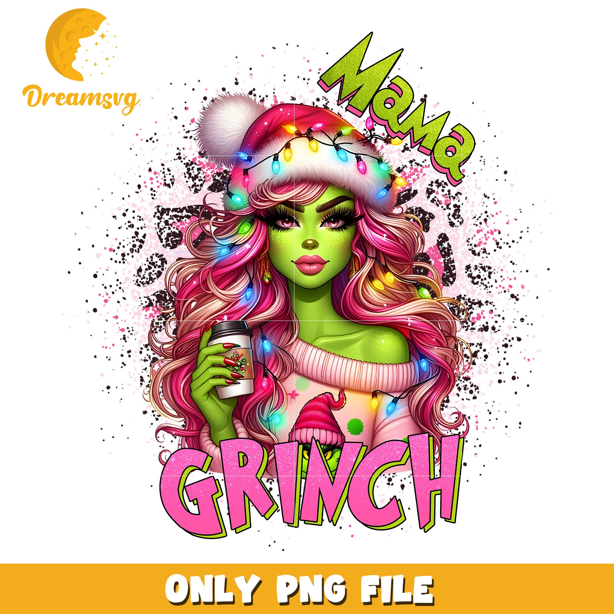 Grinch mama green skin pink vibes png, grinch coffee png