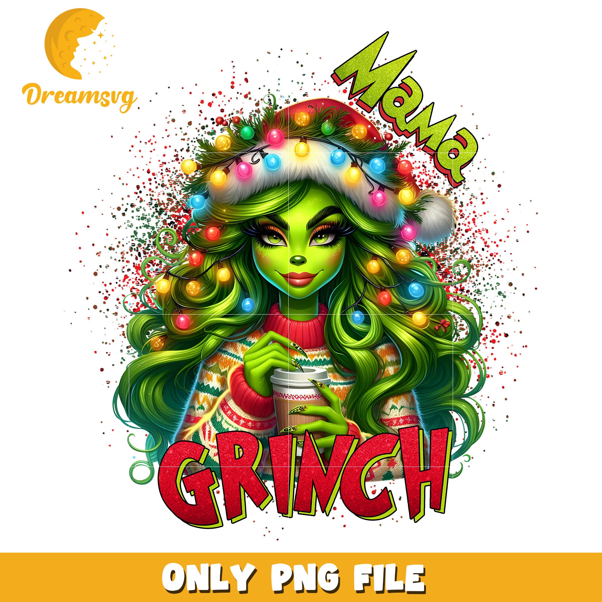 Grinch mama green skin png, grinch coffee png, grinch lights png