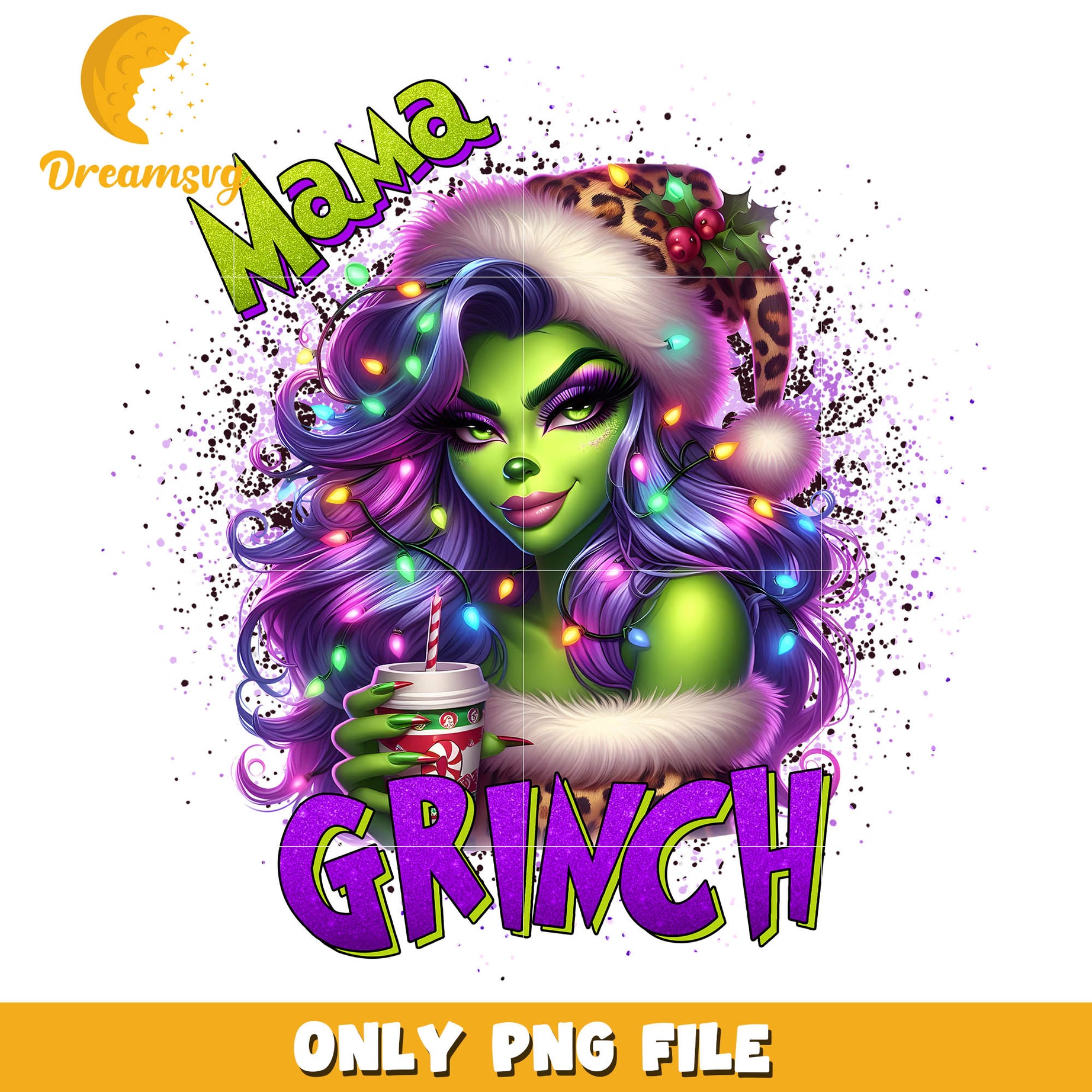 Grinch mama green skin purple vibes png, christmas lights png