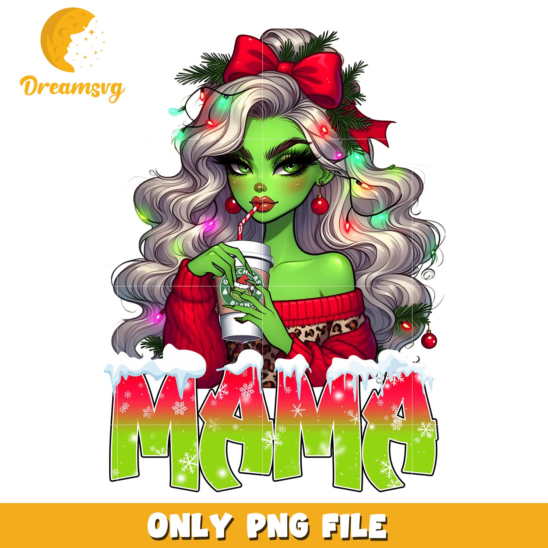 Grinch mama with red bow png, grinch coffee png, grinchmas png