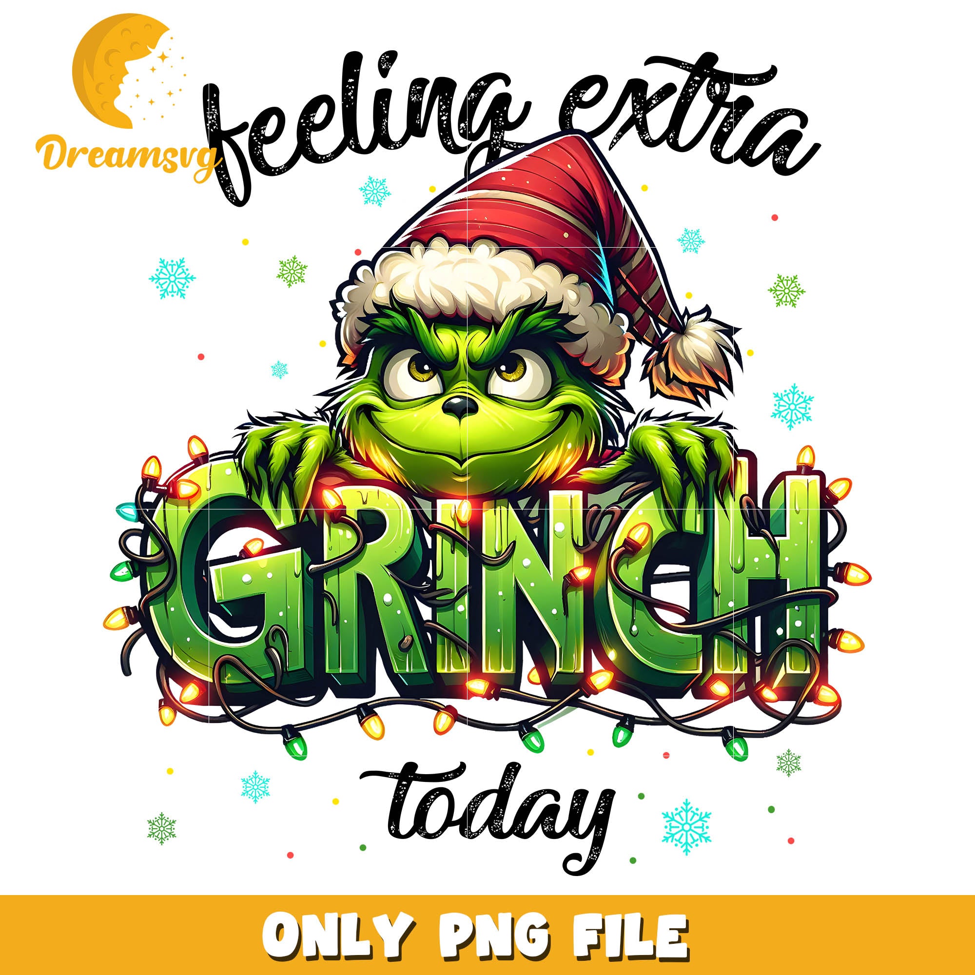Grinchmas feeling extra to day black text png, grinch christmas lights png