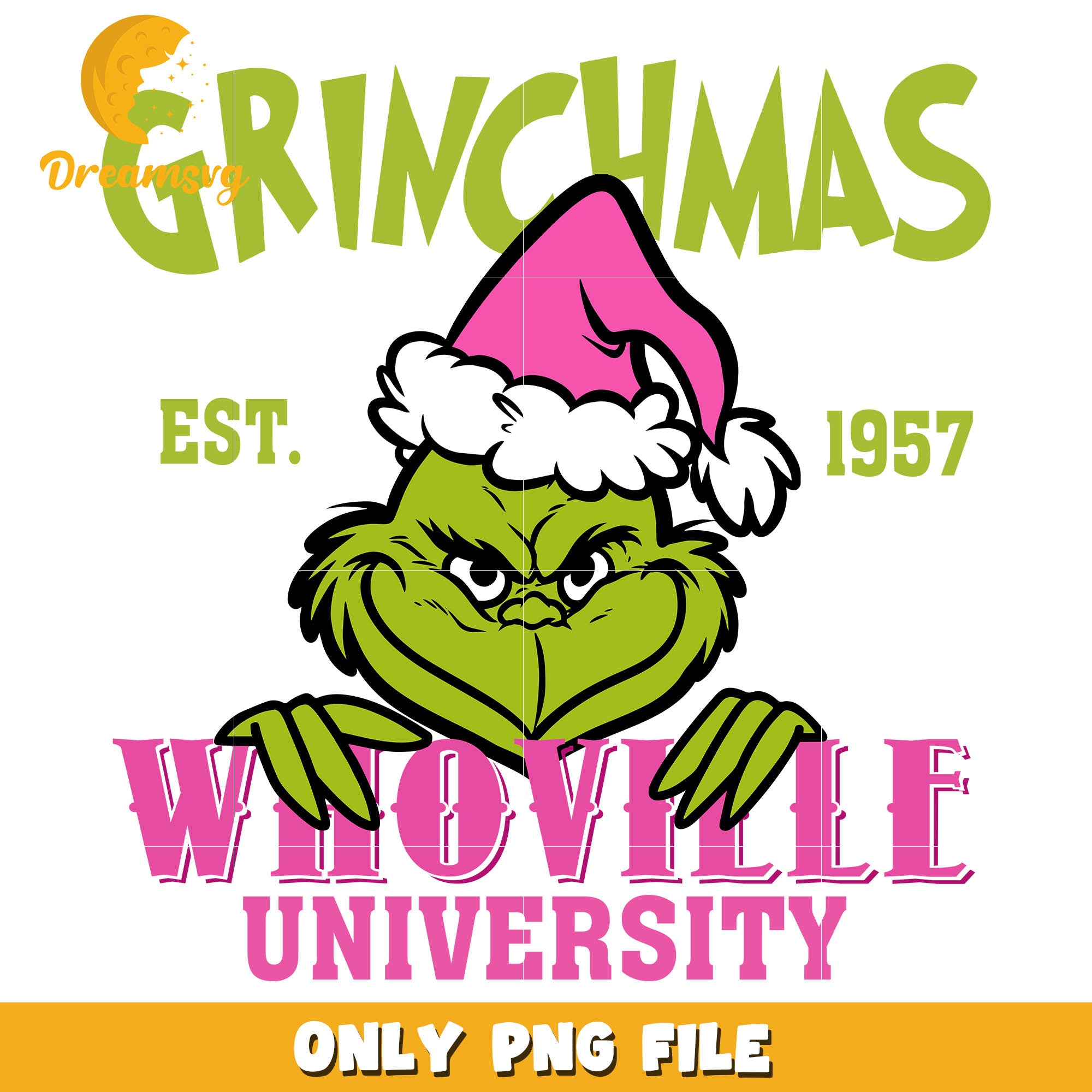 Grinchmas whoville university est 1957 pink text png, grinch cartoon png
