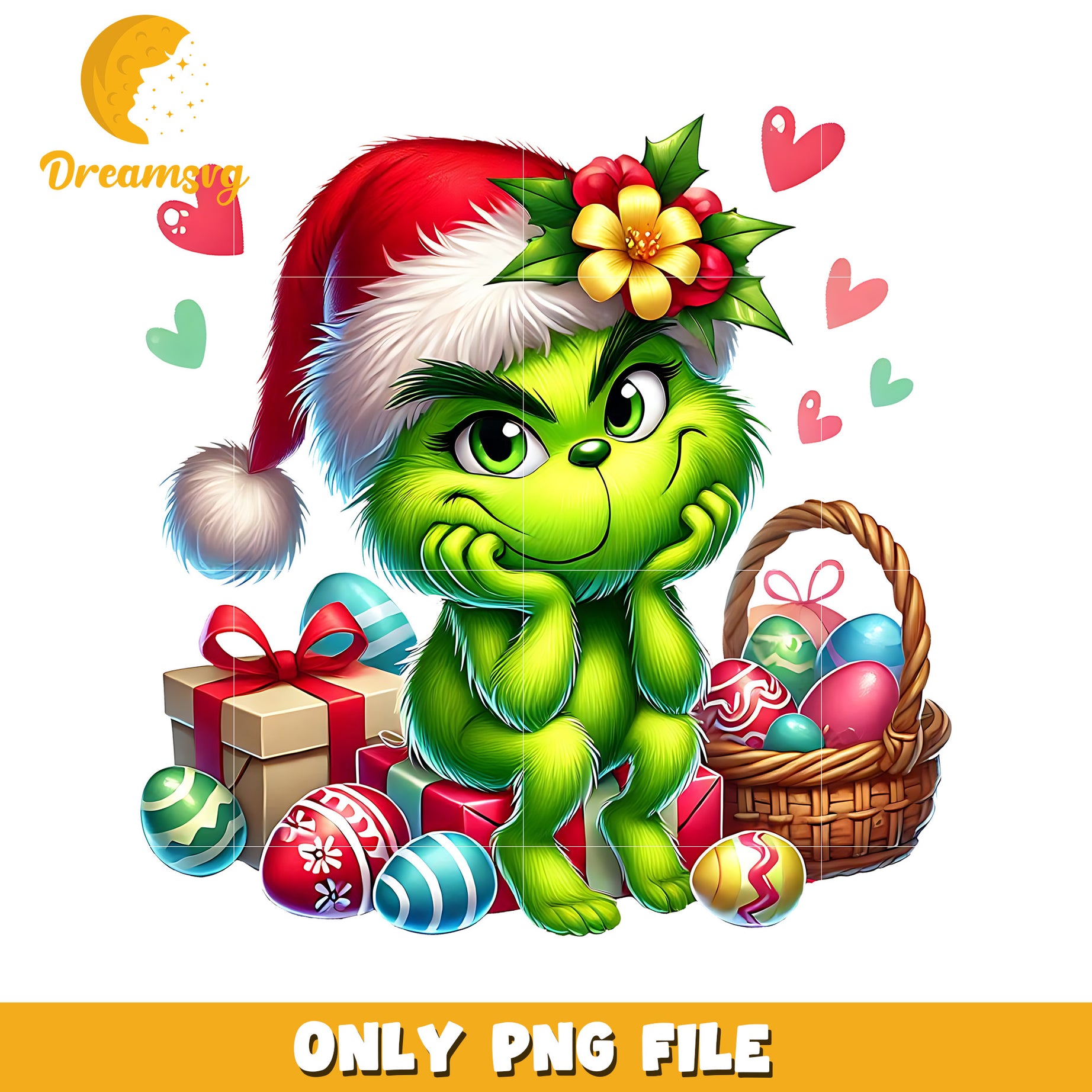 Grinch santa hat easter eggs png, easter day png, grinch png
