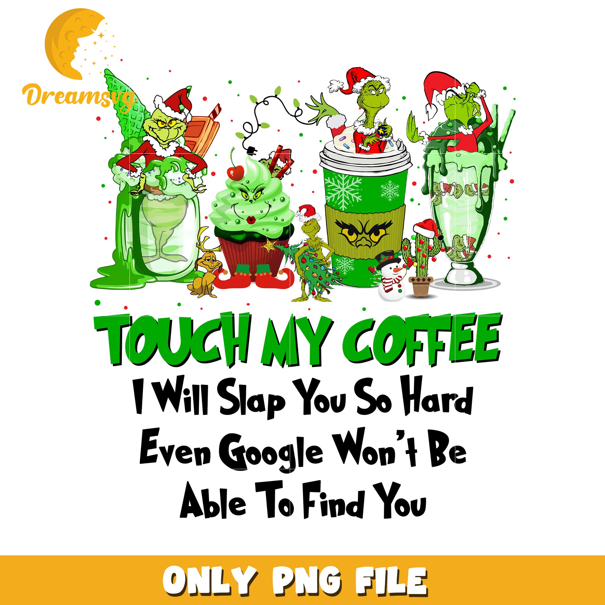 Grinch touch my coffee png, christmas lights​​ png, baby grinch png