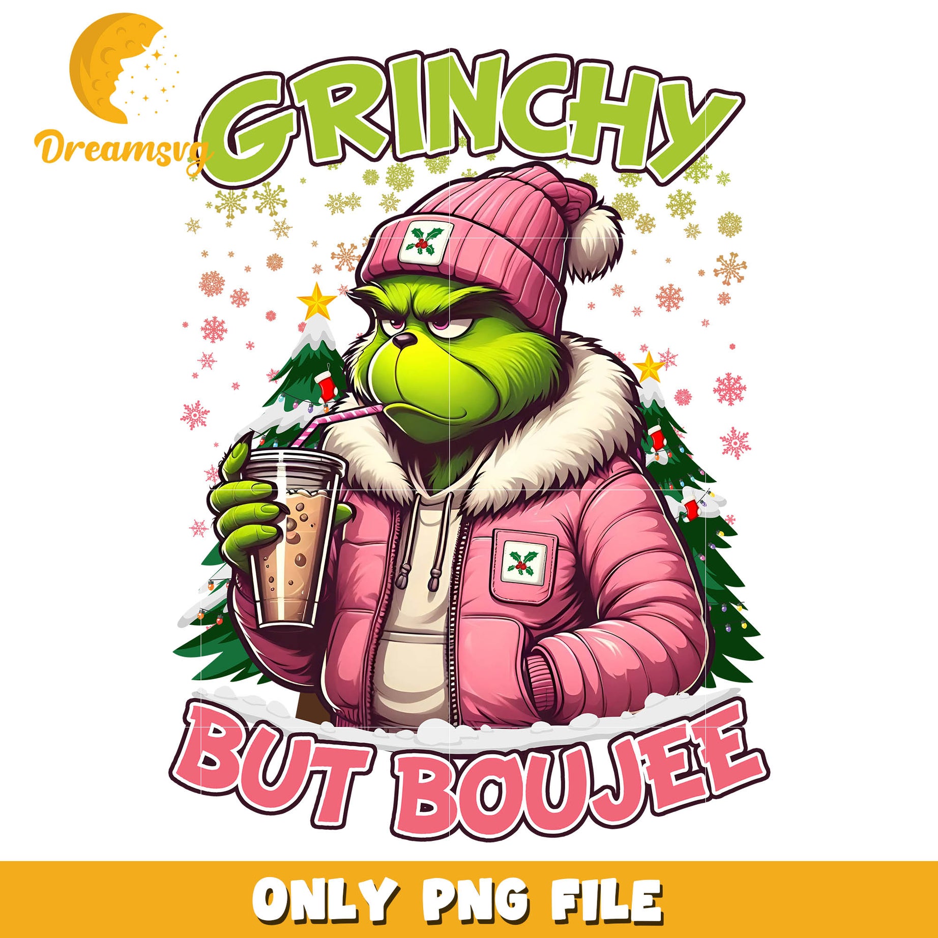 Grinchy but boujee pink png, grinch drinking coffee​ png