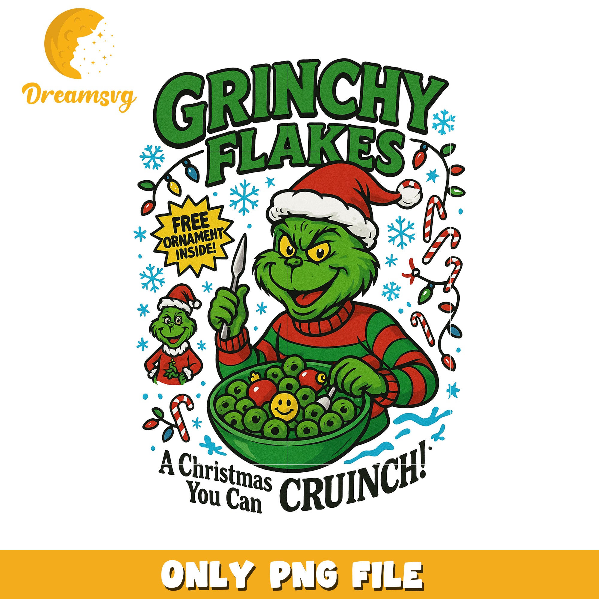Grinchy flakes png, grinch cereal png, holiday breakfast png