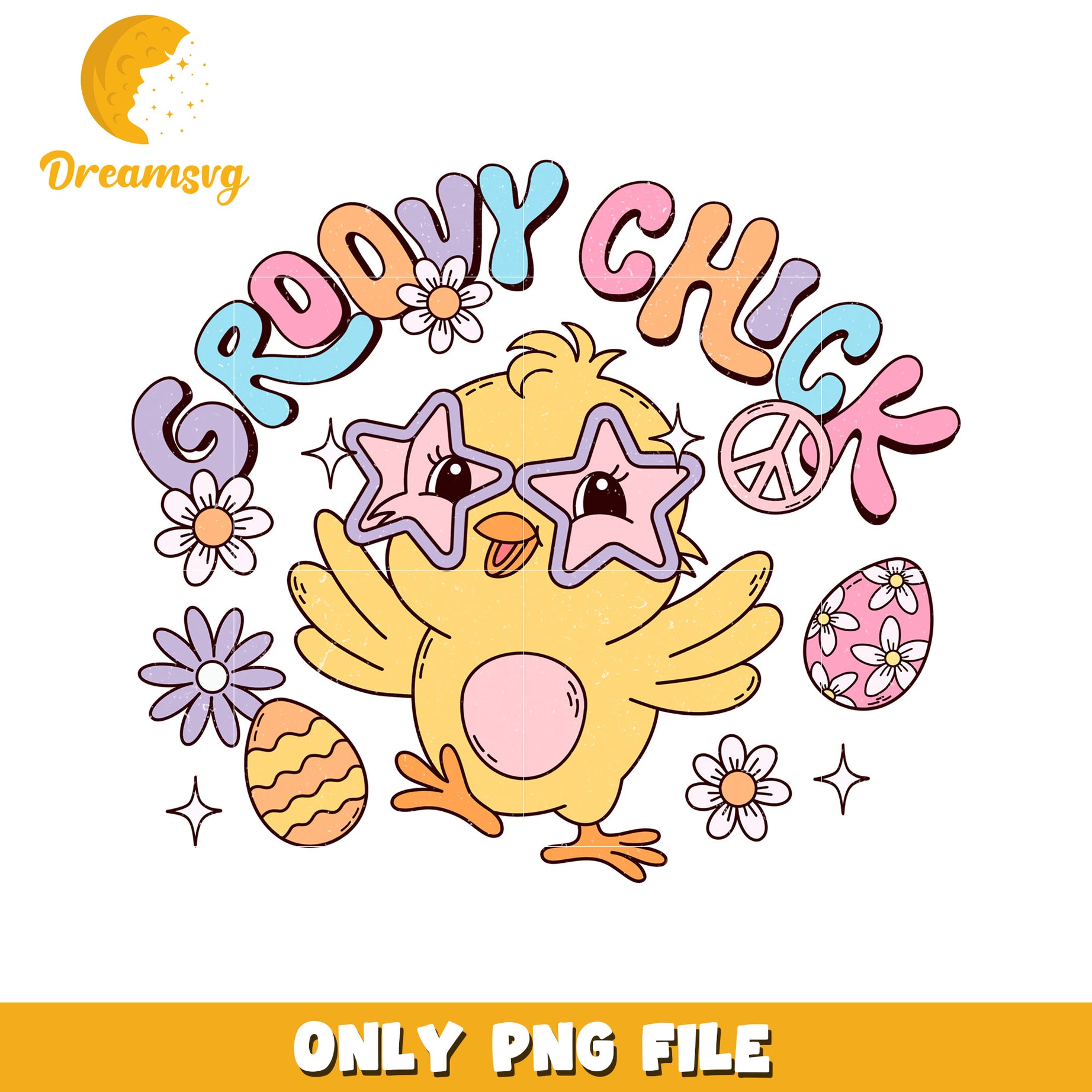 Groovy Chick with Fun Easter Eggs and Flowers PNG Design